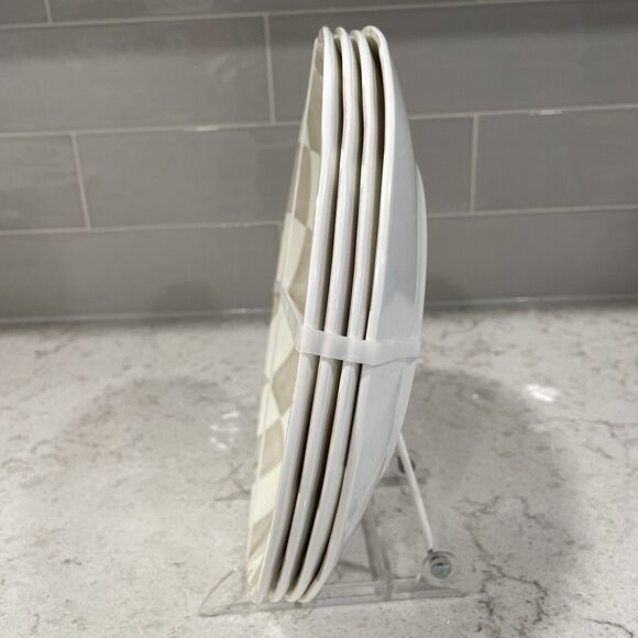 Set 4 Checkered Brown Tan Melamine 11" Dinner Plates Plate Shiny Finish Serving - Picture 2 of 5